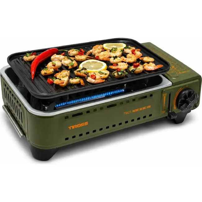 TIROSS Draagbaar gasfornuis met grillplaat 1,78 kW, piezo-ontsteking en vetopvang voor camping TS-268