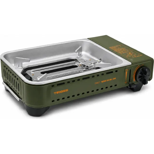 TIROSS Draagbaar gasfornuis met grillplaat 1,78 kW, piezo-ontsteking en vetopvang voor camping TS-268
