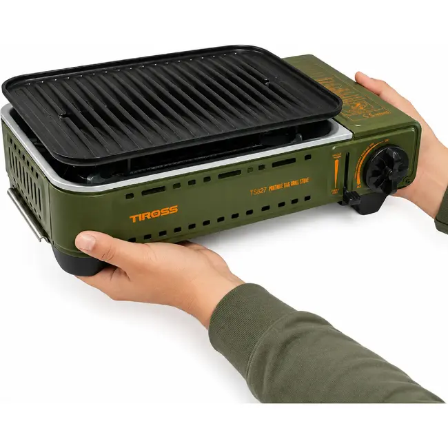 TIROSS Draagbaar gasfornuis met grillplaat 1,78 kW, piezo-ontsteking en vetopvang voor camping TS-268