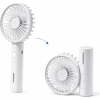 TIROSS Draagbare ventilator wit met 3 snelheden, USB-C, 1800 mAh accu en 5 tot 9,5 uur gebruik