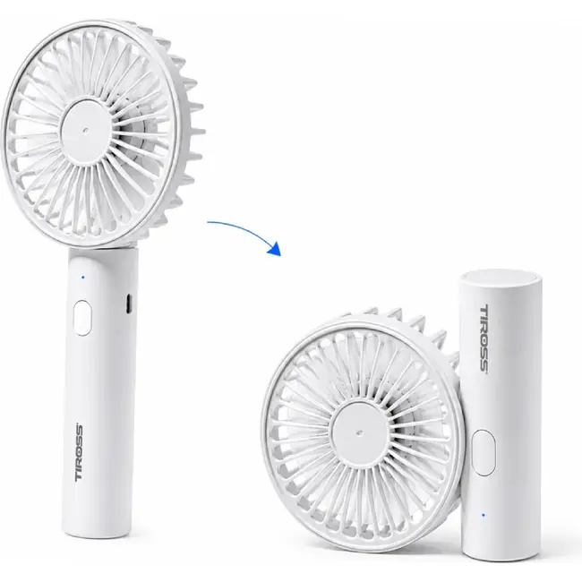 TIROSS Draagbare ventilator wit met 3 snelheden, USB-C, 1800 mAh accu en 5 tot 9,5 uur gebruik