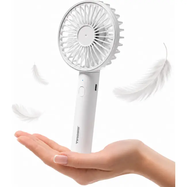 TIROSS Draagbare ventilator wit met 3 snelheden, USB-C, 1800 mAh accu en 5 tot 9,5 uur gebruik