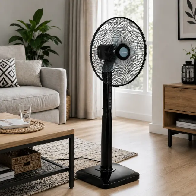 TIROSS Staande ventilator 44 cm met 3 snelheden, timer, verstelbare hoogte en kanteling plus afstandsbediening voor thuisgebruik