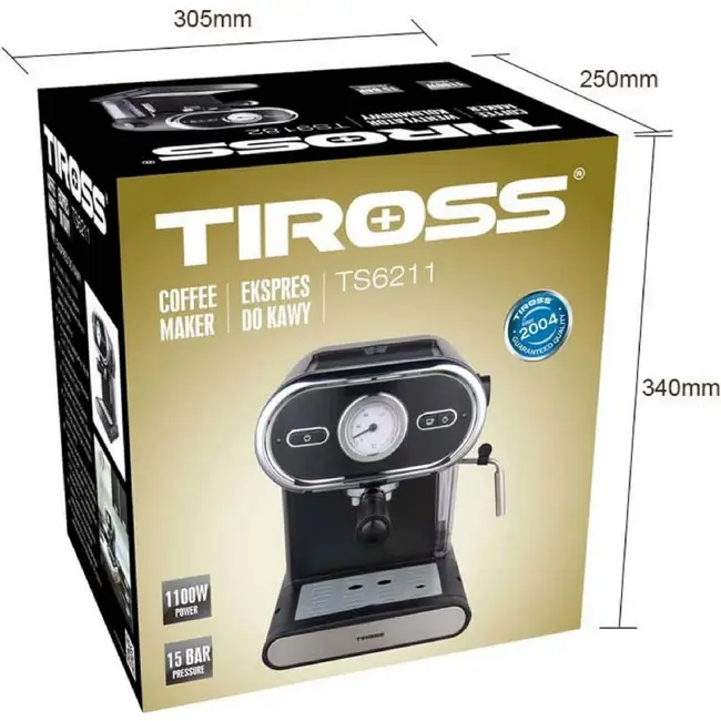 TIROSS Espressomachine 15 bar met 1100 W, melkopschuimer, kopjesverwarmer en 2-kopsfunctie thuis