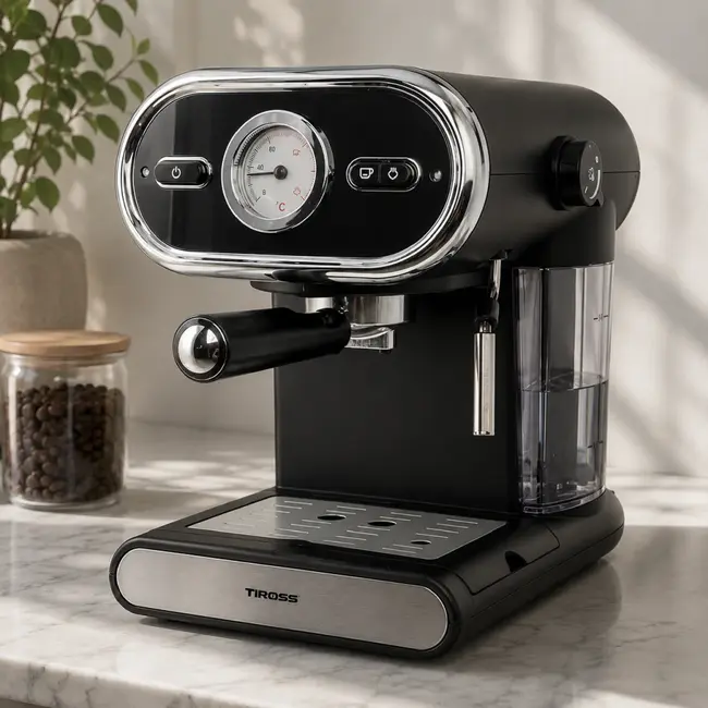 TIROSS Espressomachine 15 bar met 1100 W, melkopschuimer, kopjesverwarmer en 2-kopsfunctie thuis