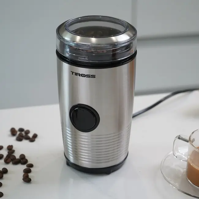 TIROSS Elektrische koffiemolen 150 W met rvs messen, 50 g inhoud en veiligheidsvergrendeling