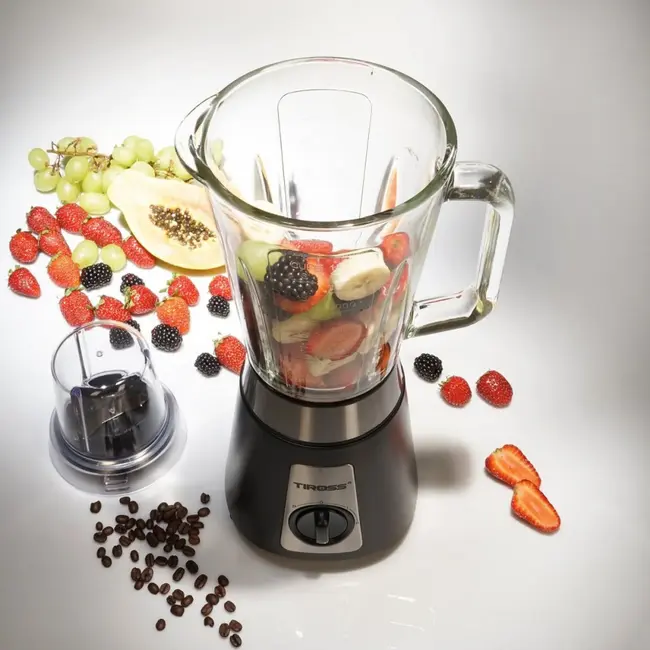 TIROSS Blender 500 W met glazen kan 1,5 l, 2 snelheden, pulseerstand en meegeleverde koffiemolen