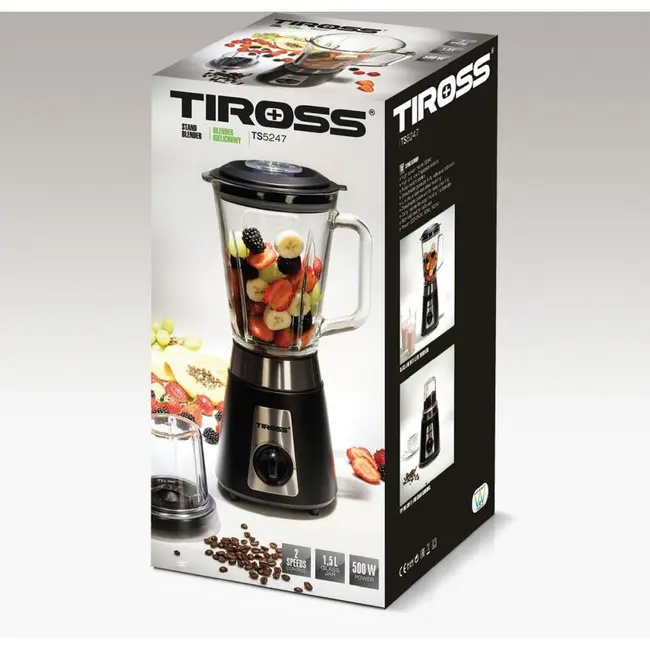 TIROSS Blender 500 W met glazen kan 1,5 l, 2 snelheden, pulseerstand en meegeleverde koffiemolen