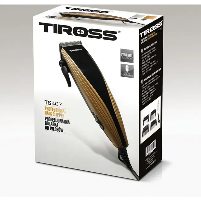 TIROSS Bedrade tondeuse 9 W met rvs messen, 4 opzetkammen en 6 lengtestanden voor thuisgebruik