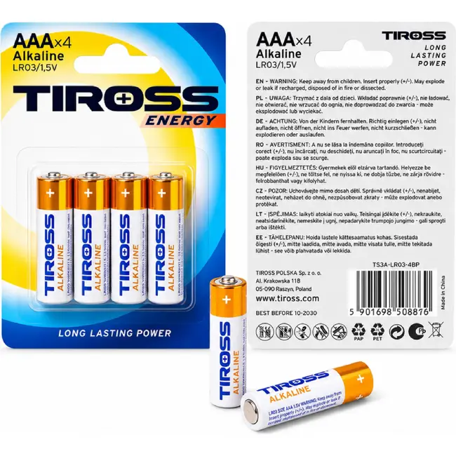 TIROSS AAA alkaline batterijen LR03 1,5 V - 4 stuks met ca. 1200 mAh voor dagelijks gebruik thuis