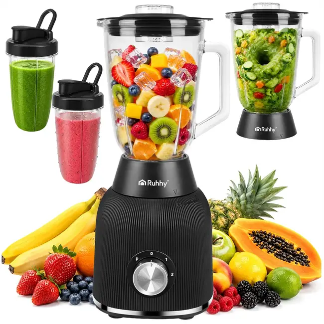 Ruhhy Blender 1200 W met glazen kan, ijsbreker, pulsstand en 2 meeneembekers voor smoothies
