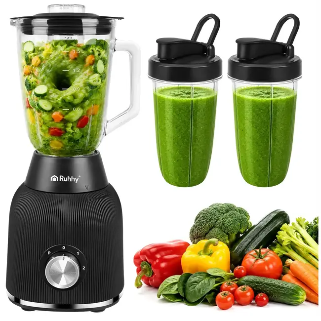 Ruhhy Blender 1200 W met glazen kan, ijsbreker, pulsstand en 2 meeneembekers voor smoothies