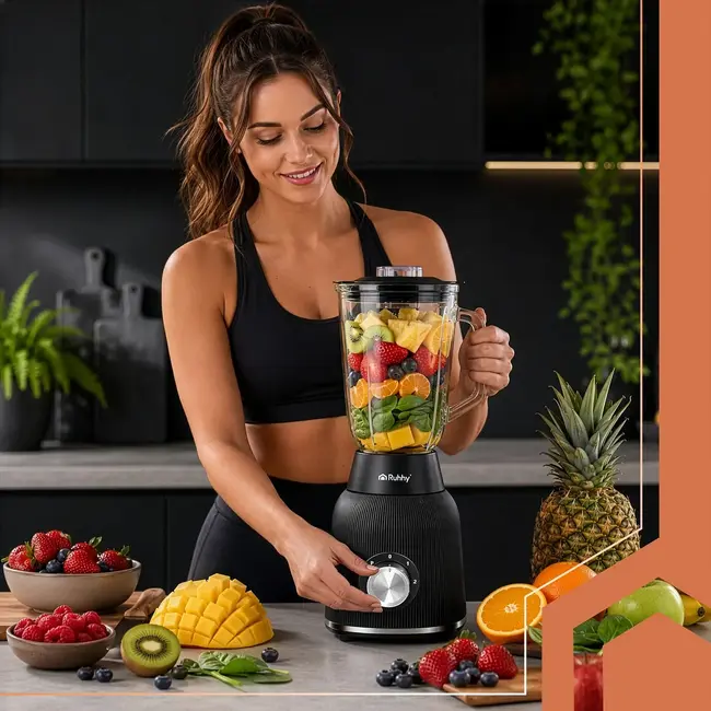 Ruhhy Blender 1200 W met glazen kan, ijsbreker, pulsstand en 2 meeneembekers voor smoothies