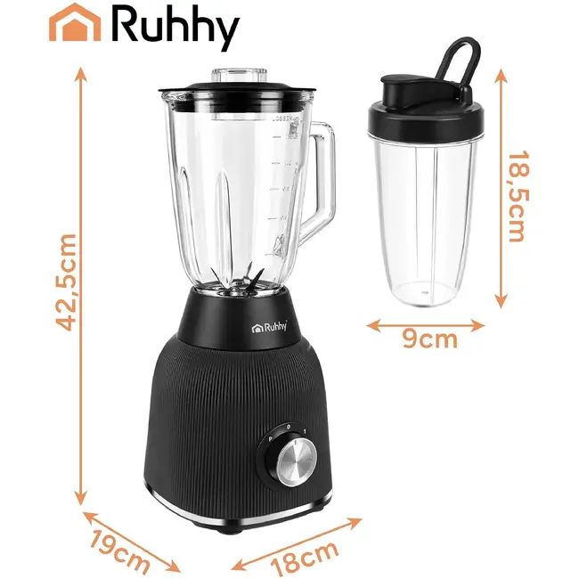 Ruhhy Blender 1200 W met glazen kan, ijsbreker, pulsstand en 2 meeneembekers voor smoothies