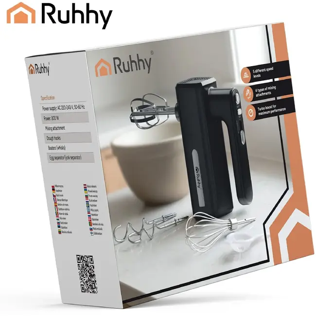 Ruhhy Handmixer 800 W met 5 snelheden, turbo, garde, deeghaken en ballonklopper voor thuisgebruik