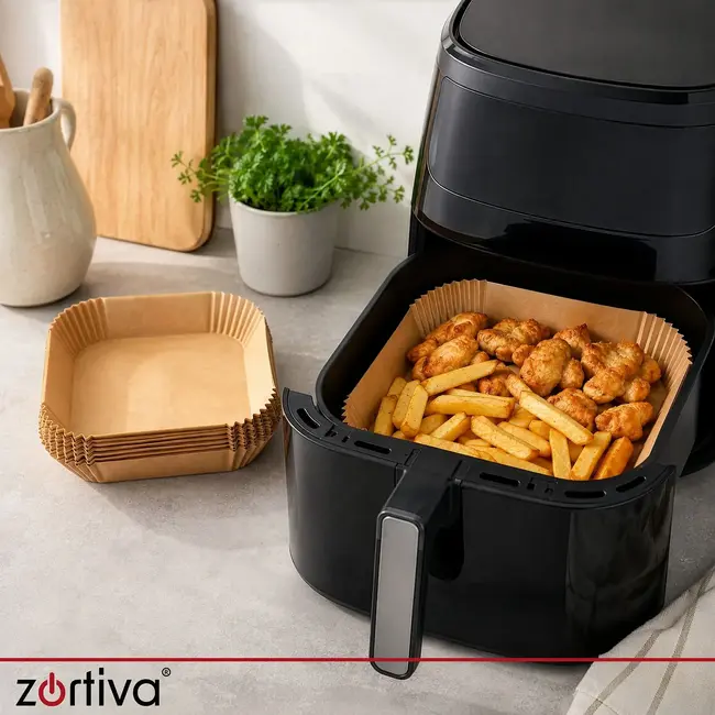 Zortiva Airfryer bakpapier 23 x 23 cm, 100 stuks met antiaanbaklaag en hittebestendig tot 230 °C