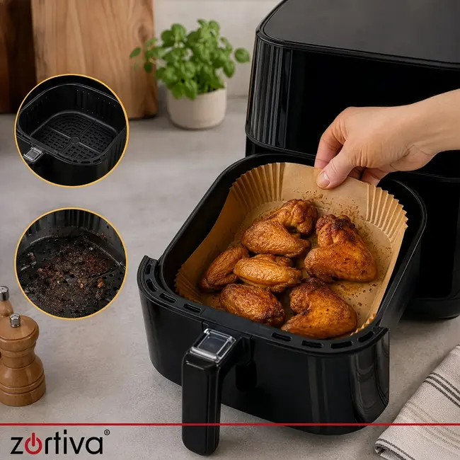Zortiva Airfryer bakpapier 23 x 23 cm, 100 stuks met antiaanbaklaag en hittebestendig tot 230 °C