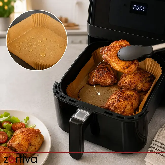 Zortiva Airfryer bakpapier 23 x 23 cm, 100 stuks met antiaanbaklaag en hittebestendig tot 230 °C