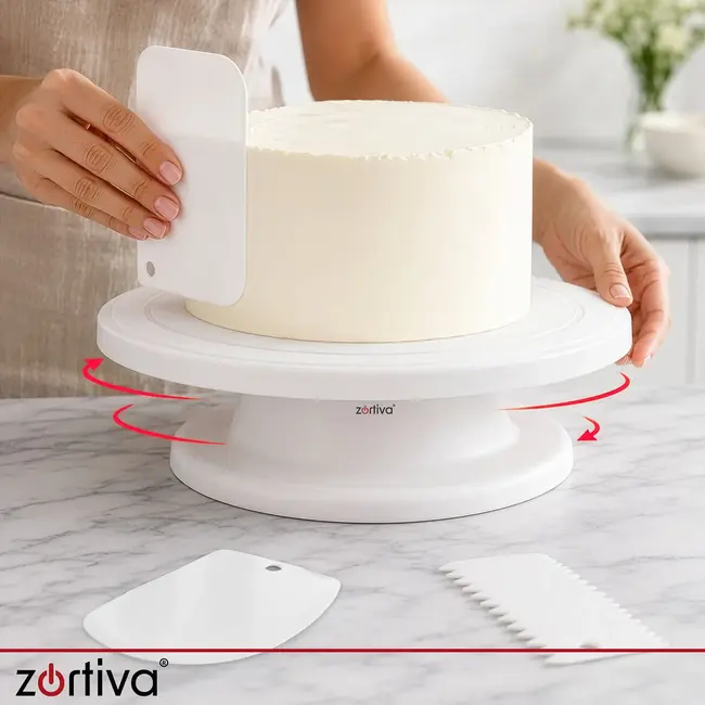 Zortiva Draaibaar taartplateau 28 cm met 3 spatels voor taarten, gebak en decoreren in de keuken