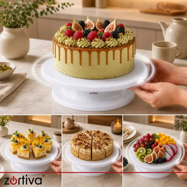 Zortiva Draaibaar taartplateau 28 cm met 3 spatels voor taarten, gebak en decoreren in de keuken