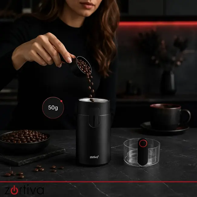 Zortiva Elektrische koffiemolen 150 W met 50 g inhoud, stalen mes en 22.000 t/min voor koffie
