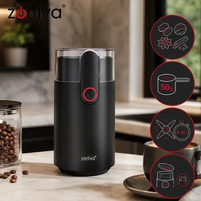 Zortiva Elektrische koffiemolen 150 W met 50 g inhoud, stalen mes en 22.000 t/min voor koffie