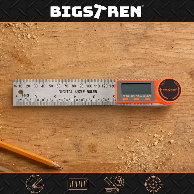 Bigstren Digitale hoekmeter 360° 200 mm met LCD-display, liniaal en meetnauwkeurigheid van ±0,3°