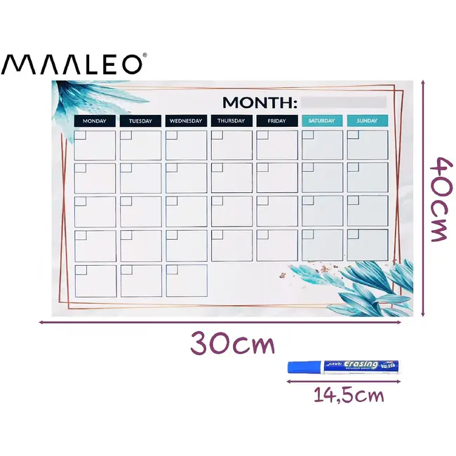 Maaleo Magnetische maandplanner 30 x 40 cm met uitwisbaar oppervlak, 4 stiften en magnetisch wisje