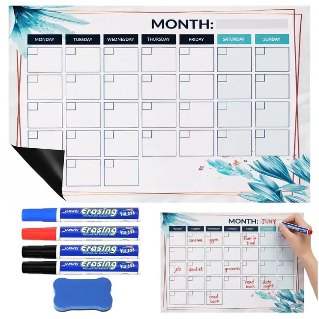 Maaleo Magnetische maandplanner 30 x 40 cm met uitwisbaar oppervlak, 4 stiften en magnetisch wisje