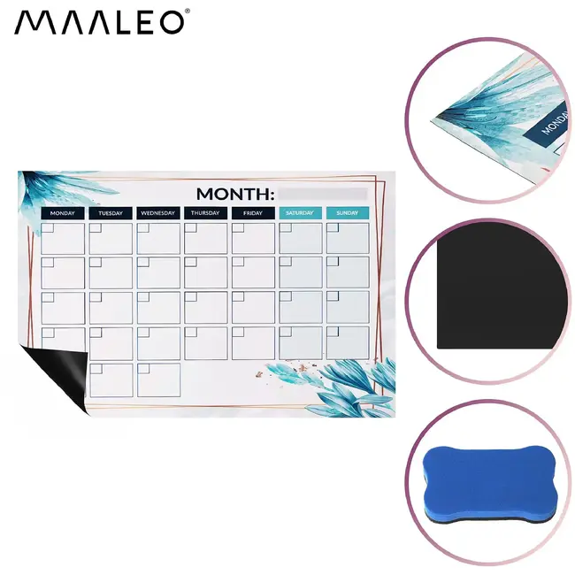 Maaleo Magnetische maandplanner 30 x 40 cm met uitwisbaar oppervlak, 4 stiften en magnetisch wisje