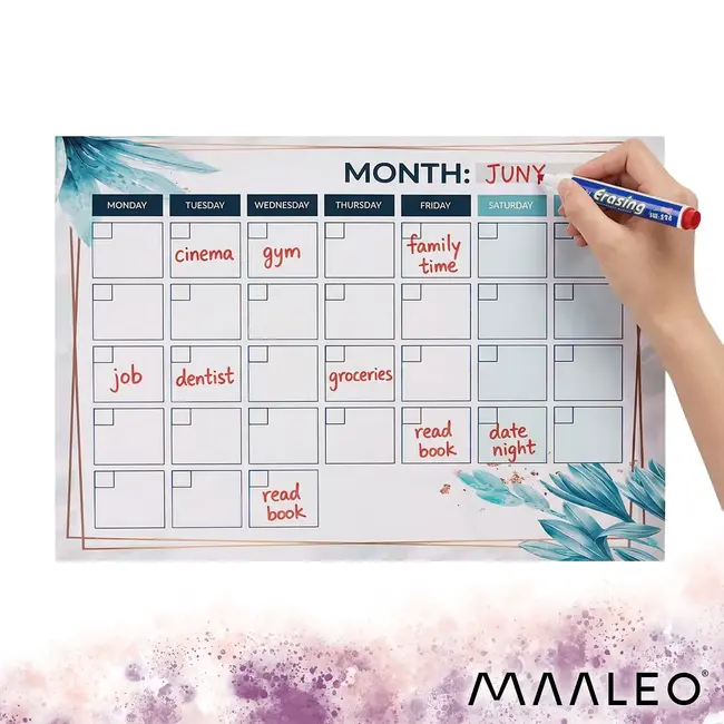Maaleo Magnetische maandplanner 30 x 40 cm met uitwisbaar oppervlak, 4 stiften en magnetisch wisje