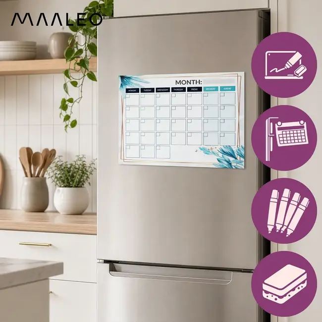 Maaleo Magnetische maandplanner 30 x 40 cm met uitwisbaar oppervlak, 4 stiften en magnetisch wisje