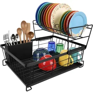Zortiva Vaatdroger 2 niveaus 43 cm zwart met bestekbak, lekbak en verplaatsbaar bordenrek voor servies