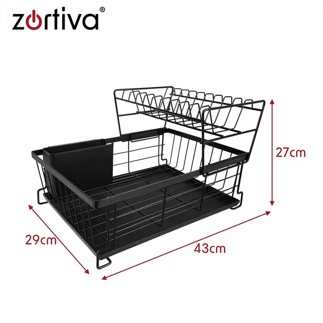 Zortiva Vaatdroger 2 niveaus 43 cm zwart met bestekbak, lekbak en verplaatsbaar bordenrek voor servies