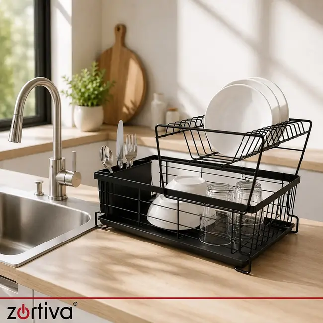 Zortiva Vaatdroger 2 niveaus 43 cm zwart met bestekbak, lekbak en verplaatsbaar bordenrek voor servies