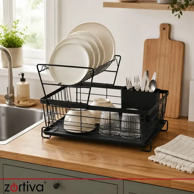 Zortiva Vaatdroger 2 niveaus 43 cm zwart met bestekbak, lekbak en verplaatsbaar bordenrek voor servies