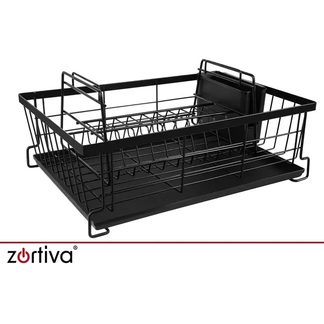 Zortiva Vaatdroger 2 niveaus 43 cm zwart met bestekbak, lekbak en verplaatsbaar bordenrek voor servies