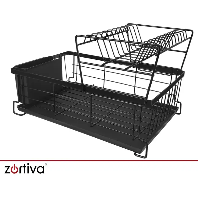Zortiva Vaatdroger 2 niveaus 43 cm zwart met bestekbak, lekbak en verplaatsbaar bordenrek voor servies