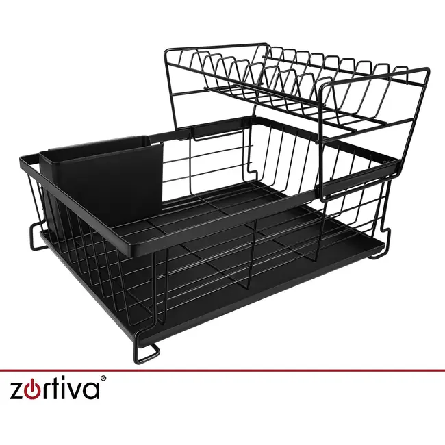 Zortiva Vaatdroger 2 niveaus 43 cm zwart met bestekbak, lekbak en verplaatsbaar bordenrek voor servies