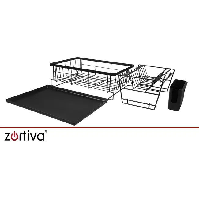 Zortiva Vaatdroger 2 niveaus 43 cm zwart met bestekbak, lekbak en verplaatsbaar bordenrek voor servies