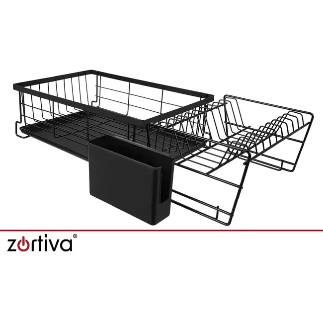 Zortiva Vaatdroger 2 niveaus 43 cm zwart met bestekbak, lekbak en verplaatsbaar bordenrek voor servies