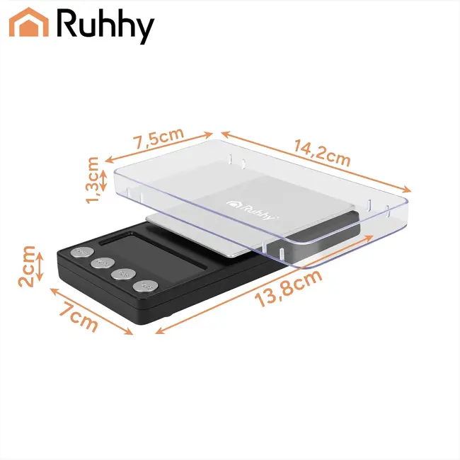 Ruhhy, Precisieweegschaal 500 g x 0,01 g met LCD-display, TARA en PCS-functie voor kleine voorwerpen