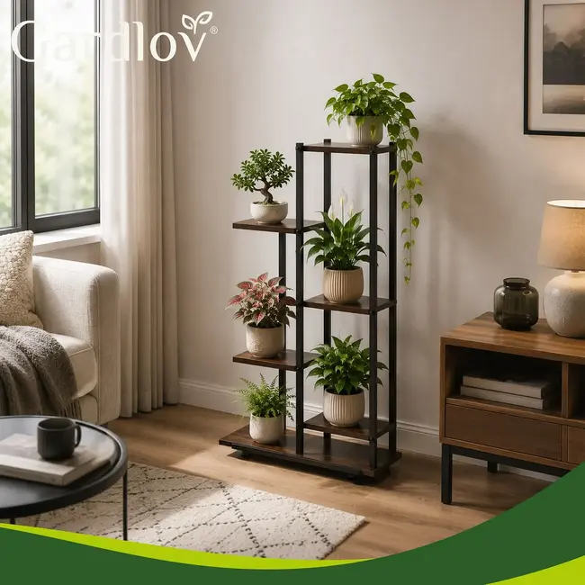 Gardlov, Plantenrek 113 cm zwart met 5 MDF-planken, metalen frame en 4 verstelbare voetjes voor binnen