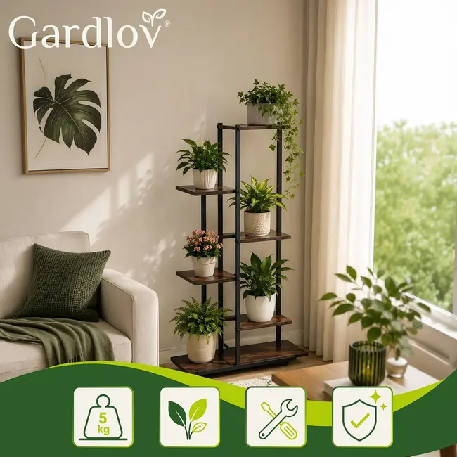 Gardlov, Plantenrek 113 cm zwart met 5 MDF-planken, metalen frame en 4 verstelbare voetjes voor binnen
