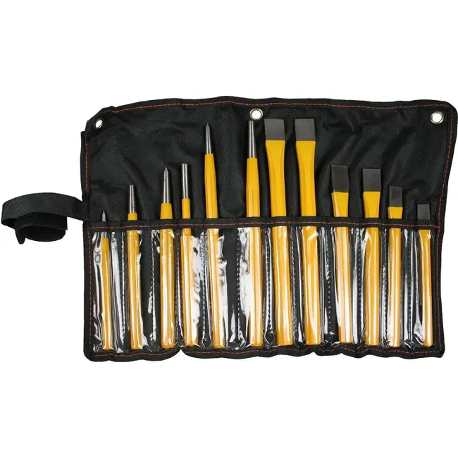 Benson 12-delige beitel- en drevelset - achthoekig staal - gele dip-coating - inclusief opberghoes