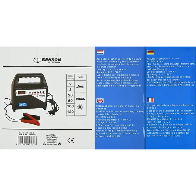 Benson Acculader - 6V & 12V - 2, 4 & 6 Ampère - Veilig & Snel Opladen - CE Goedgekeurd
