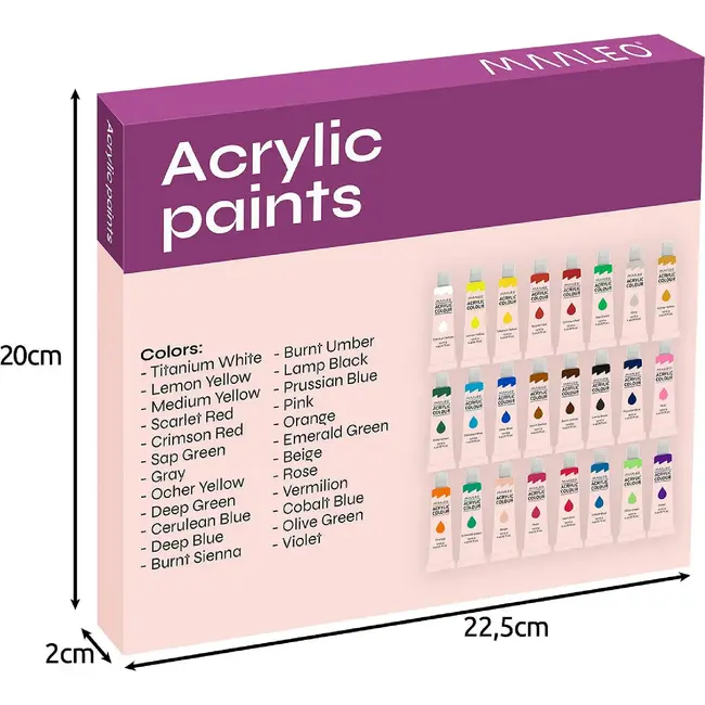 Maaleo Acrylverf Set 24 Kleuren - 12 ml Tubes voor Alle Ondergronden