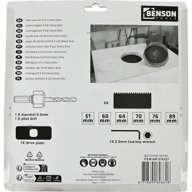 Benson 9-delige gatenzaag set - diverse maten - hout, gasbeton, gipsplaten