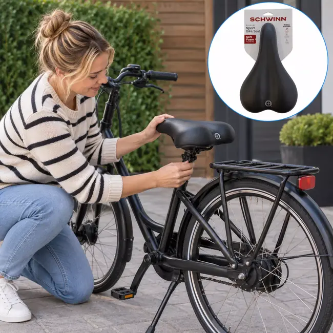 Schwinn Sportzadel zwart met zachte schuimvulling en zadelstrop voor een sportieve fietshouding
