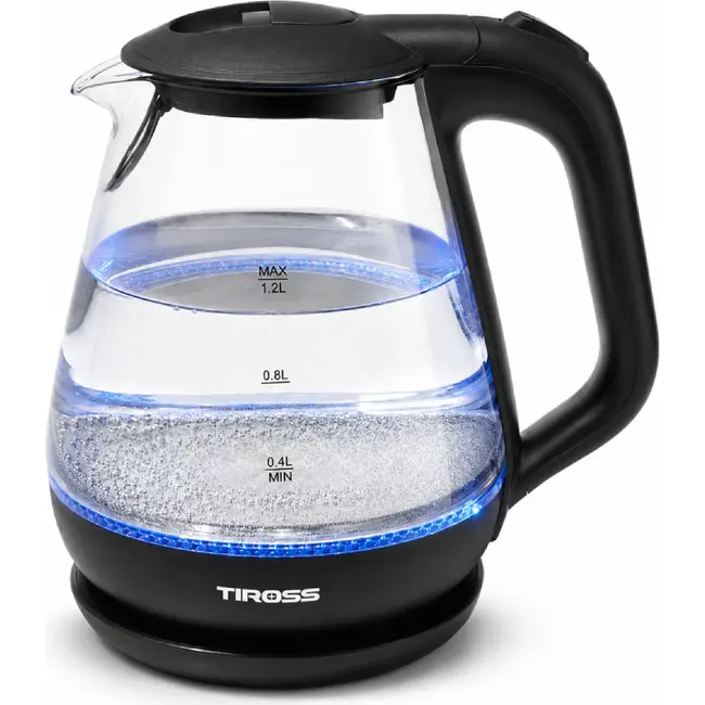 TIROSS Glazen waterkoker 1,2 liter met blauwe LED en waterfilter